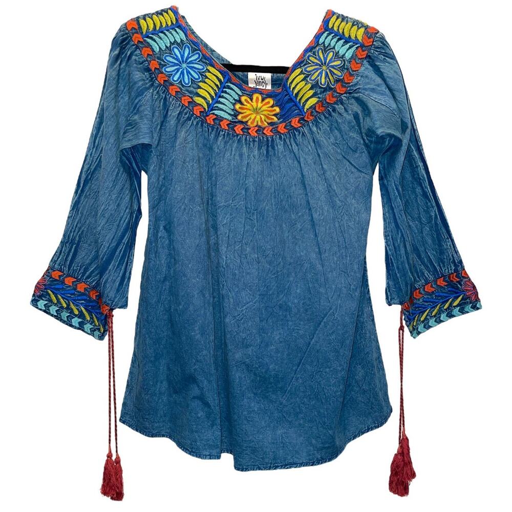 ivy jane Denim Blue Embroidered Peasant Top with Multicolor Yoke